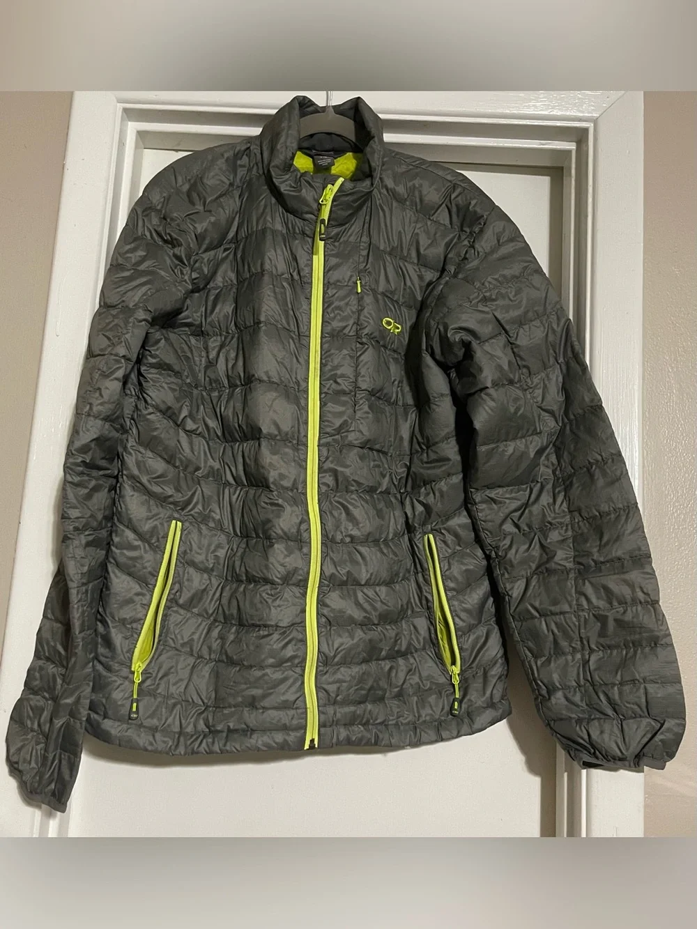 Outdoor Research Transcendent Down Jacket Mens L Gray Neon Goose Puffer **READ**